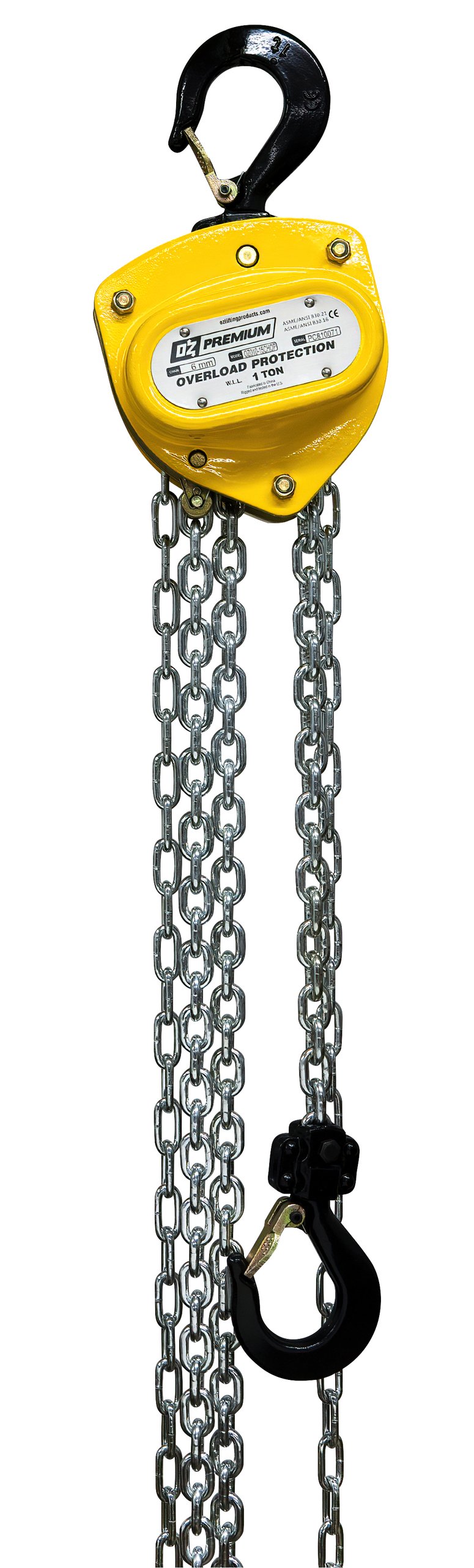 1 T Premium Chain Hoist 15 ft lift with overload protection Custom rigging available. Standards – CE, ASME B30.16, AS1418.2 1 T Premium Chain Hoist 15 ft lift with overload protection Custom rigging available. Standards – CE, ASME B30.16, AS1418.2