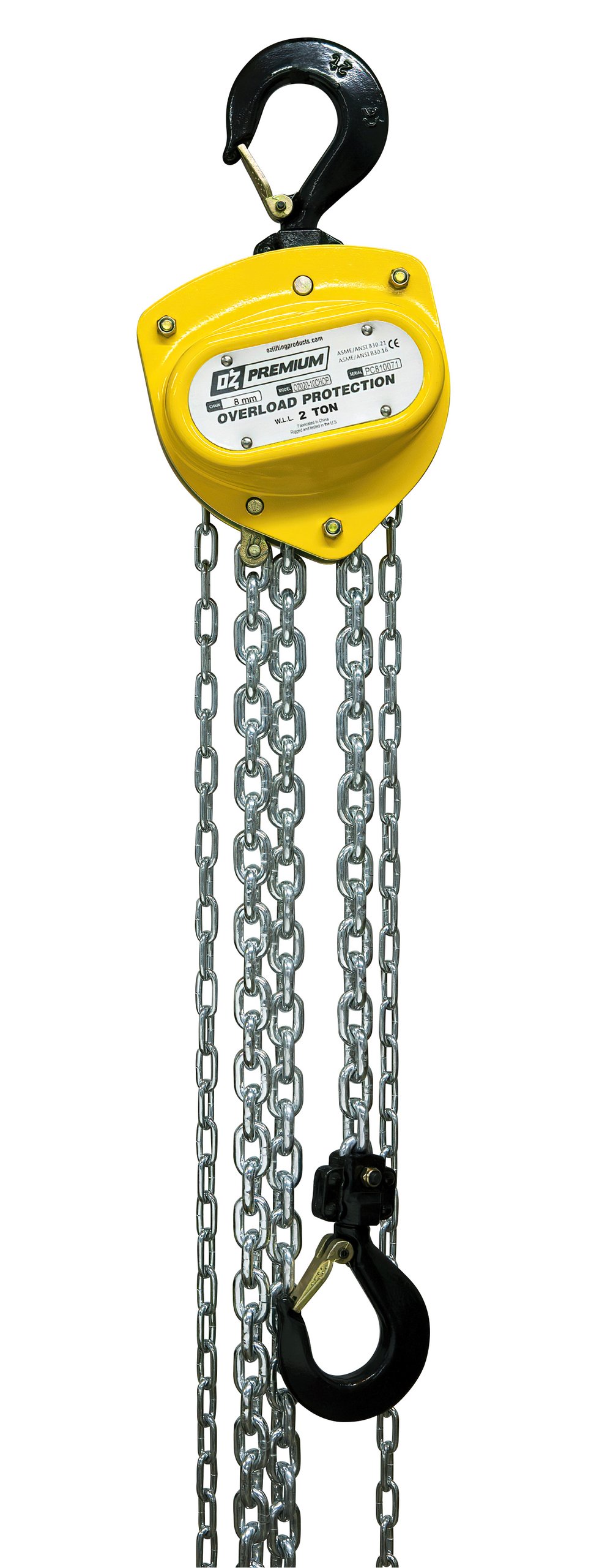 2 T Premium Chain Hoist 30 ft lift with overload protection Custom rigging available. Standards – CE, ASME B30.16, AS1418.2 2 T Premium Chain Hoist 30 ft lift with overload protection Custom rigging available. Standards – CE, ASME B30.16, AS1418.2