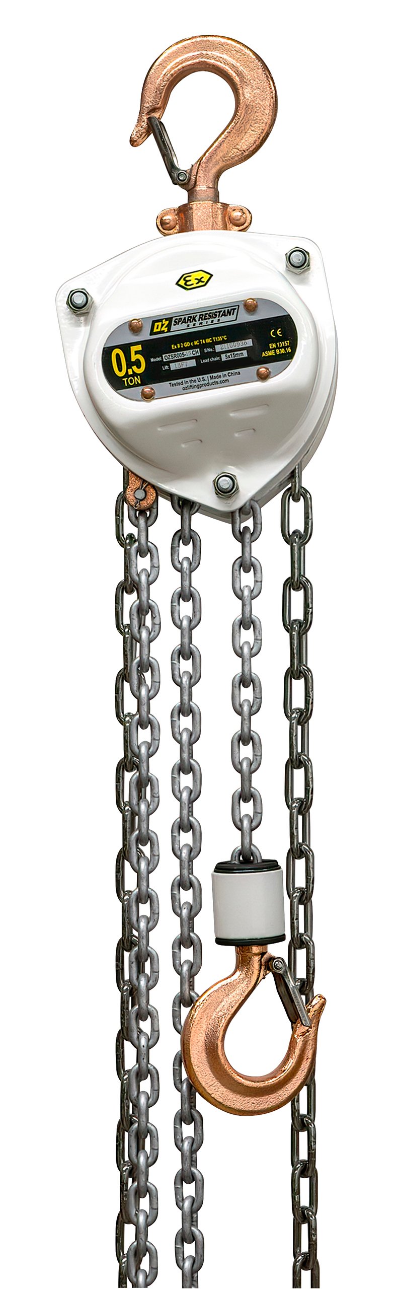 .5 T Spark Resistant Chain Hoist 10 ft lift Custom rigging available. Standards – CE, ATEX 94/9EC (Ex II 2 GD c llC T4 IIIC T135°C), AS1418.2, ASME B30.16 .5 T Spark Resistant Chain Hoist 10 ft lift Custom rigging available. Standards – CE, ATEX 94/9EC (Ex II 2 GD c llC T4 IIIC T135°C), AS1418.2, ASME B30.16