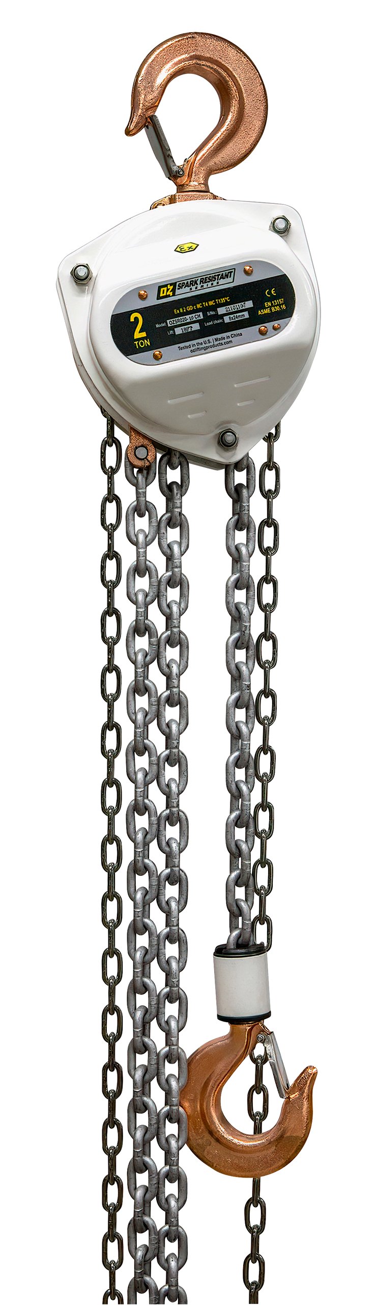 2 T Spark Resistant Chain Hoist 30 ft lift Custom rigging available. Standards – CE, ATEX 94/9EC (Ex II 2 GD c llC T4 IIIC T135°C), AS1418.2, ASME B30.16 2 T Spark Resistant Chain Hoist 30 ft lift Custom rigging available. Standards – CE, ATEX 94/9EC (Ex II 2 GD c llC T4 IIIC T135°C), AS1418.2, ASME B30.16
