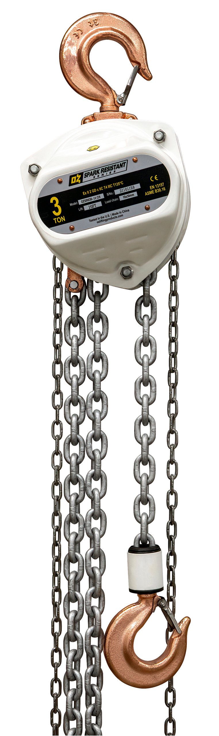 3 T Spark Resistant Chain Hoist 30 ft lift Custom rigging available. Standards – CE, ATEX 94/9EC (Ex II 2 GD c llC T4 IIIC T135°C), AS1418.2, ASME B30.16 3 T Spark Resistant Chain Hoist 30 ft lift Custom rigging available. Standards – CE, ATEX 94/9EC (Ex II 2 GD c llC T4 IIIC T135°C), AS1418.2, ASME B30.16