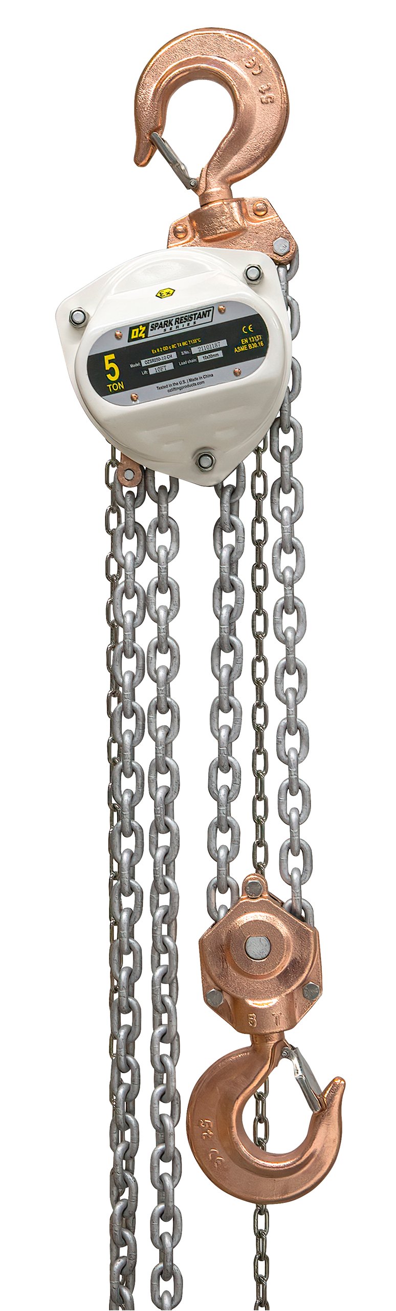 5 T Spark Resistant Chain Hoist 20 ft lift Custom rigging available. Standards – CE, ATEX 94/9EC (Ex II 2 GD c llC T4 IIIC T135°C), AS1418.2, ASME B30.16