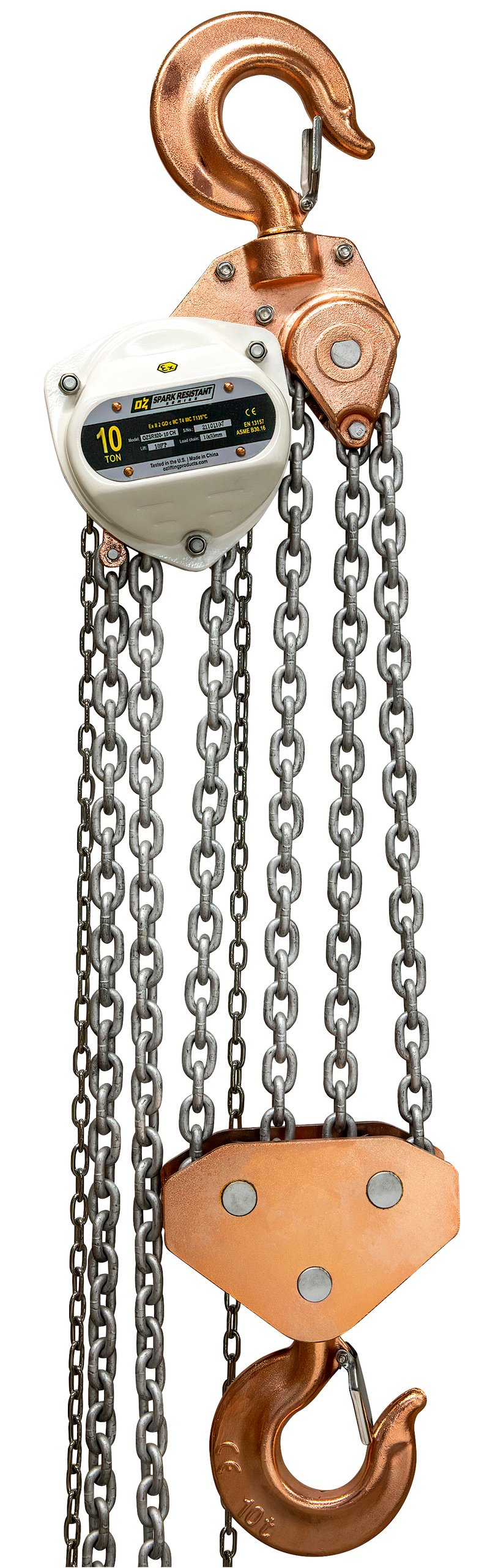 10 T Spark Resistant Chain Hoist 30 ft lift Custom rigging available. Standards – CE, ATEX 94/9EC (Ex II 2 GD c llC T4 IIIC T135°C), AS1418.2, ASME B30.16 10 T Spark Resistant Chain Hoist 30 ft lift Custom rigging available. Standards – CE, ATEX 94/9EC (Ex II 2 GD c llC T4 IIIC T135°C), AS1418.2, ASME B30.16