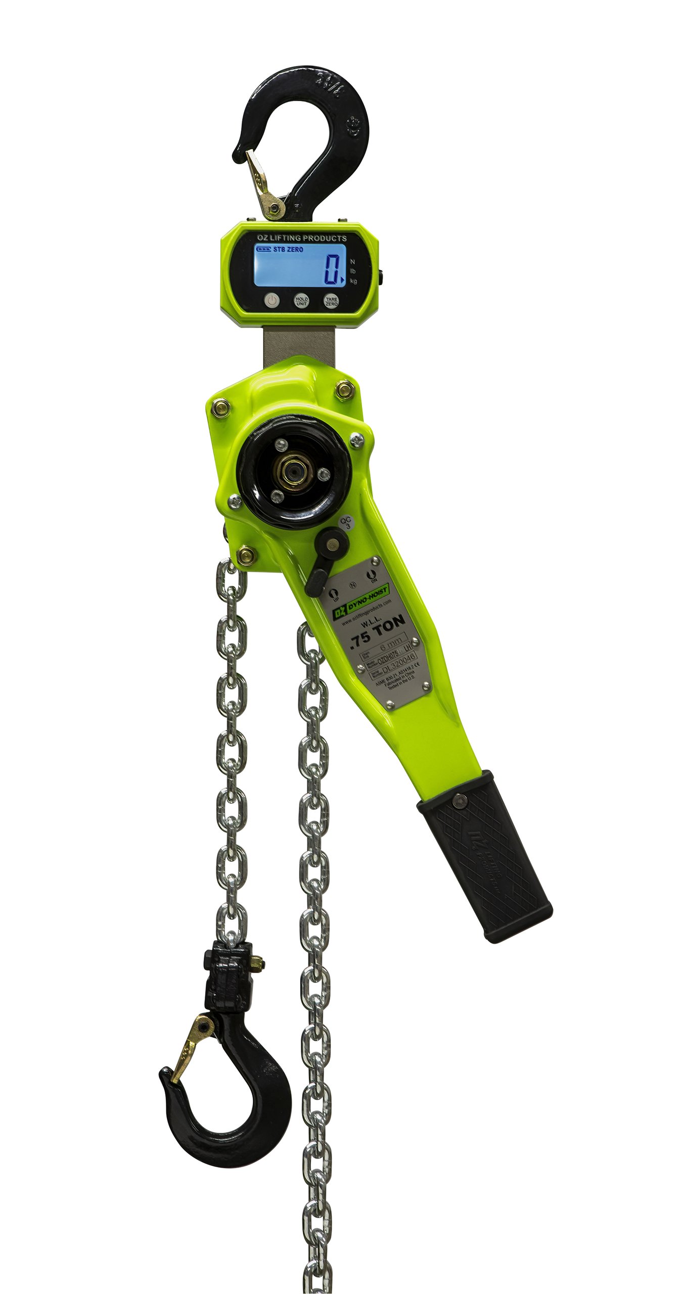 .75 T Dyno Lever Hoist 15 ft lift Custom rigging available. Standards – CE, ASME B30.21, AS1418.2