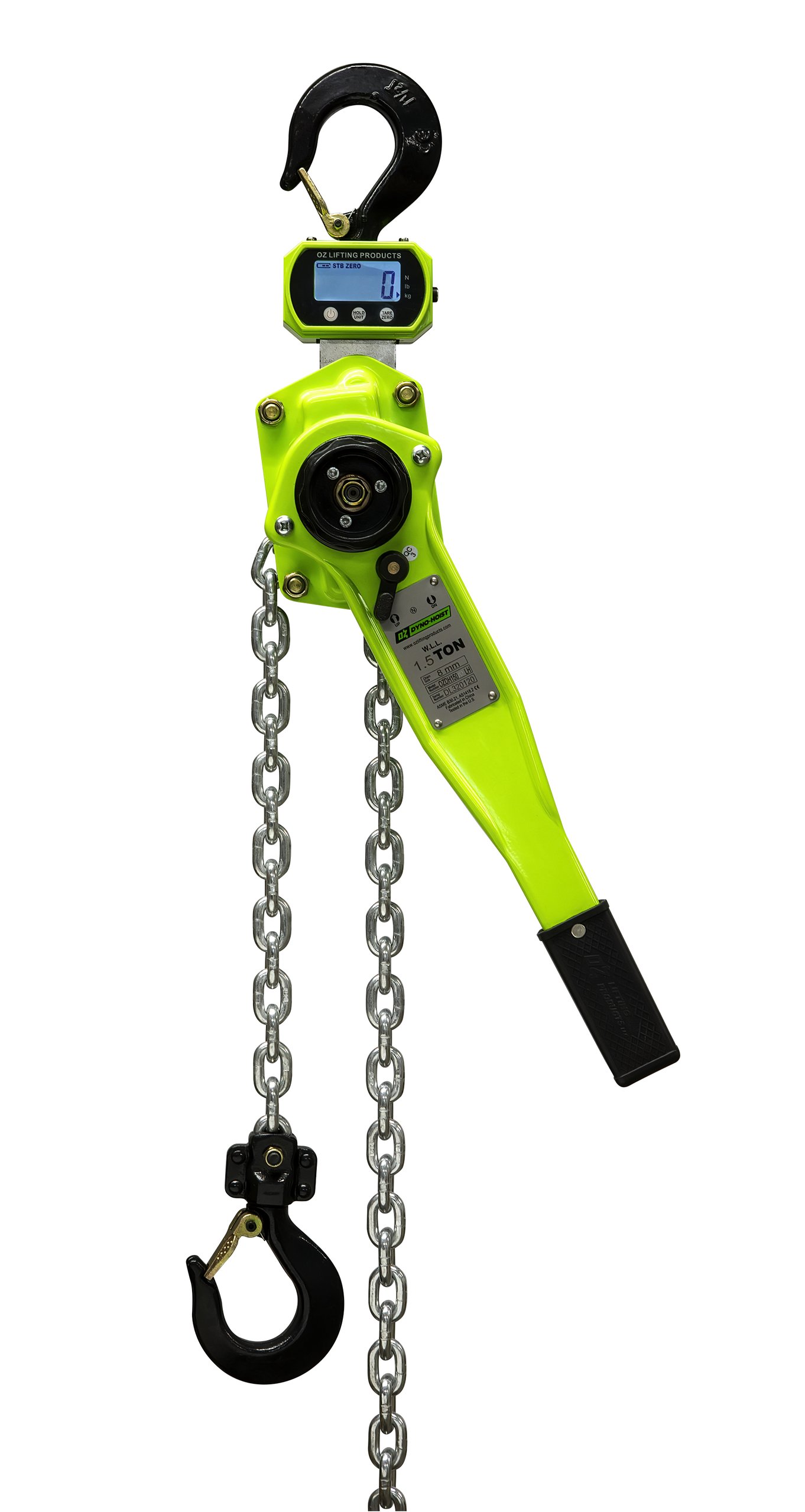 1.5 T Dyno Lever Hoist 10 ft lift Custom rigging available. Standards – CE, ASME B30.21, AS1418.2