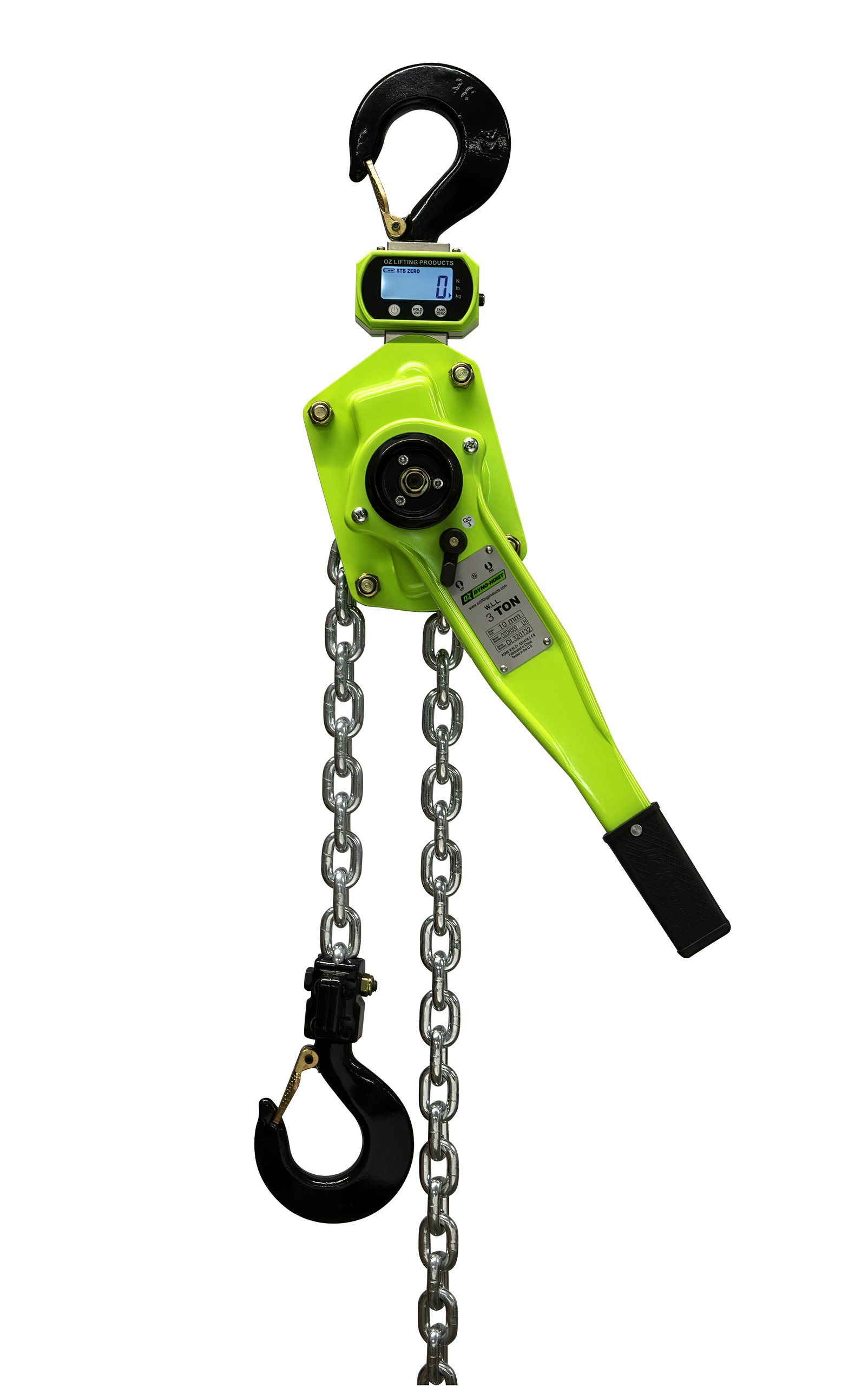 3 T Dyno Lever Hoist 15 ft lift Custom rigging available. Standards – CE, ASME B30.21, AS1418.2