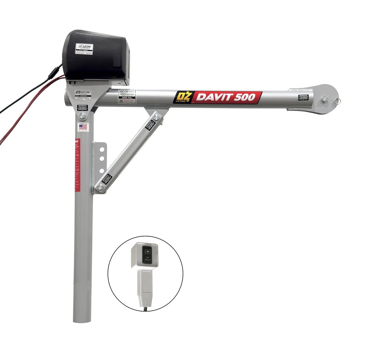 500 lb steel davit crane with 12V DC electric winch
