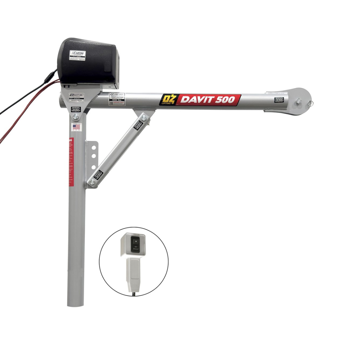 OZ Lifting 500 Lb. Steel Davit Crane with 12V DC Electric Winch