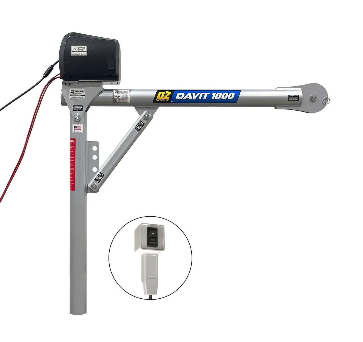 1000 lb steel davit crane with 12V DC electric winch