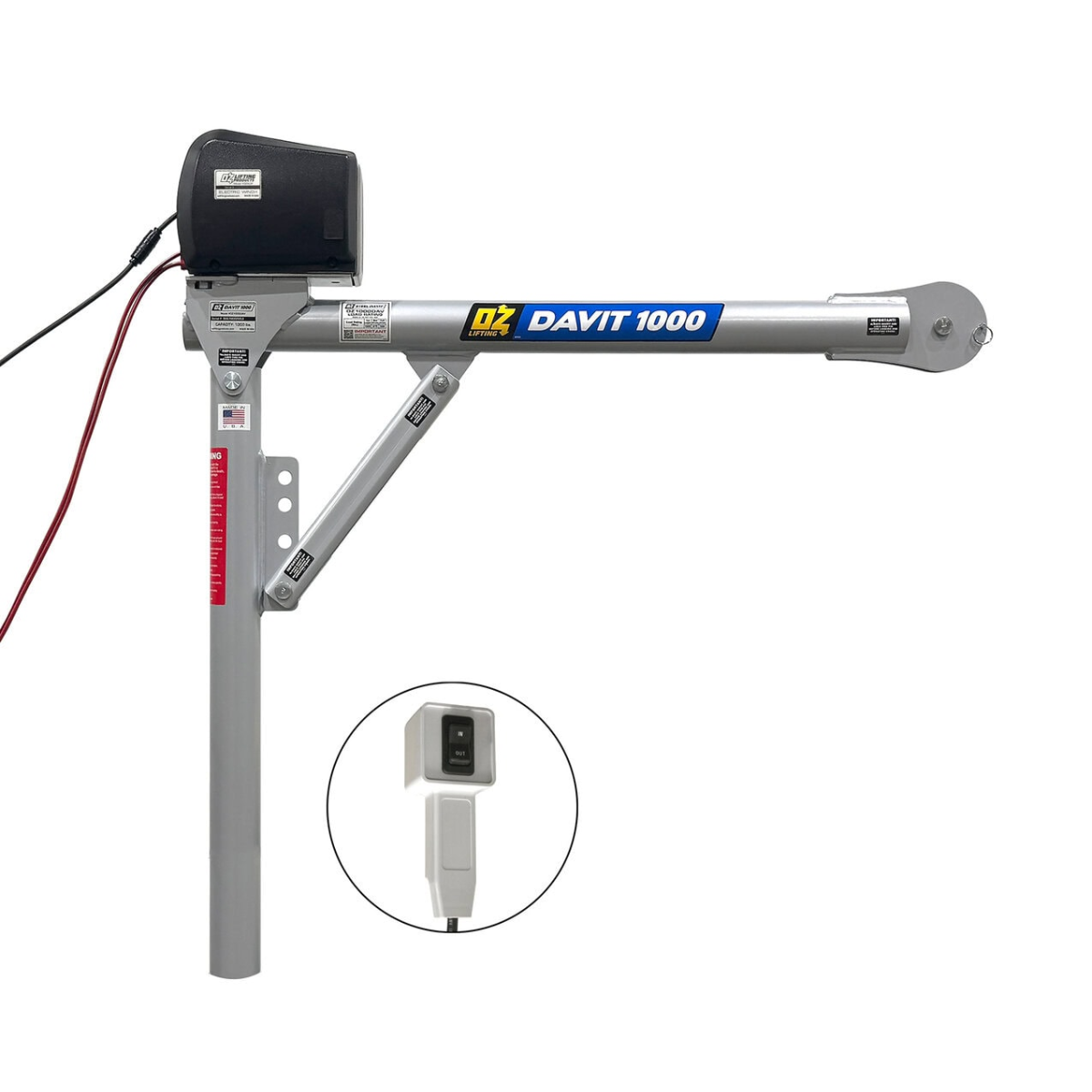 OZ Lifting 1000 Lb. Steel Davit Crane with 12V DC Electric Winch