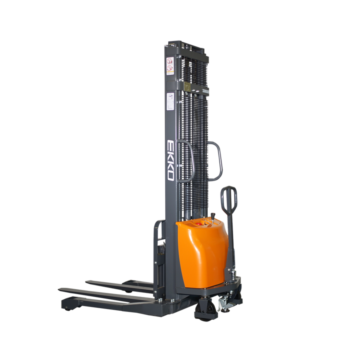 EKKO EA15A Semi-Electric Straddle Stacker, 3,300 lb Capacity, 118" Height