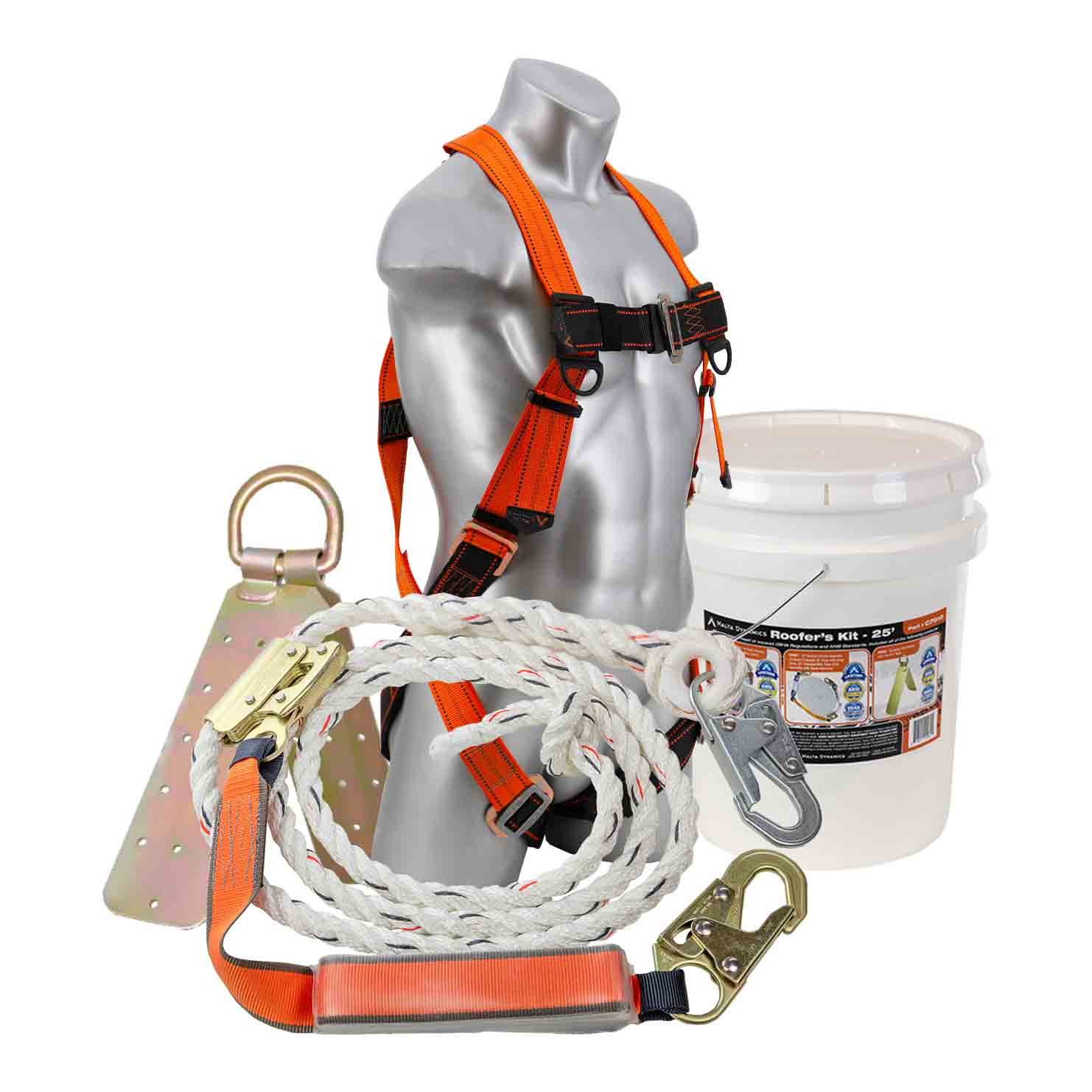 BUILD YOUR OWN ROOFER'S BUCKET KIT 25' Vertical Lifeline Assembly Warthog Pass Thru Harness (B2000 Series) L-XL