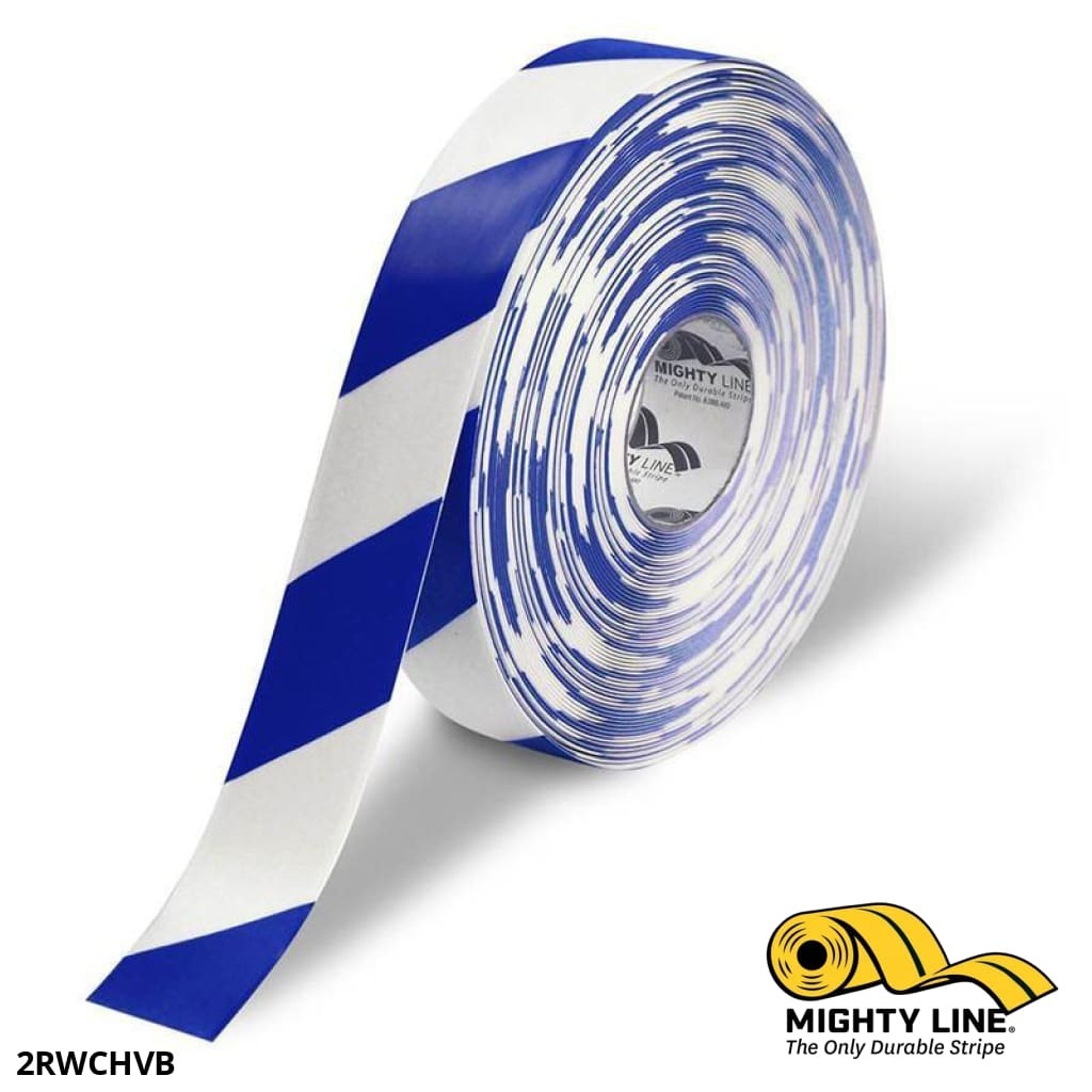 Mighty Line 2" White Floor Tape with Blue Chevrons - 100' Roll