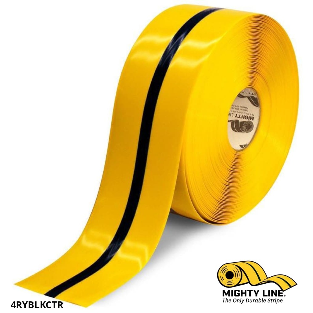 Mighty Line 4" Yellow Tape with Black Center Line - 100' Roll - Safety Floor Tape
