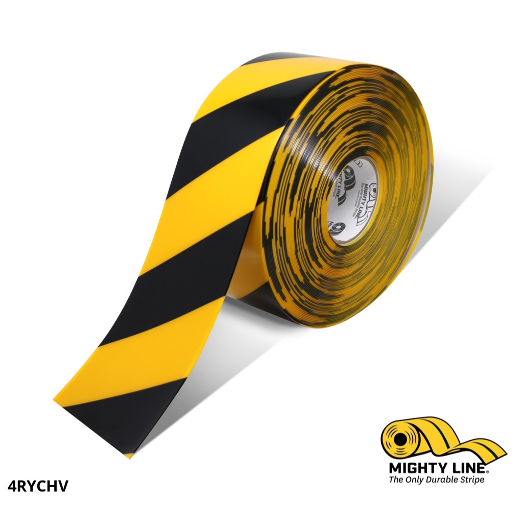 Mighty Line 4" Yellow Floor Tape with Black Chevrons - 100' Roll