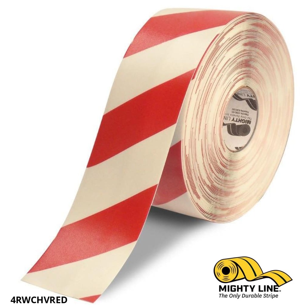 Mighty Line 4" White Tape with Red Chevrons - 100' Roll - Safety Floor Tape