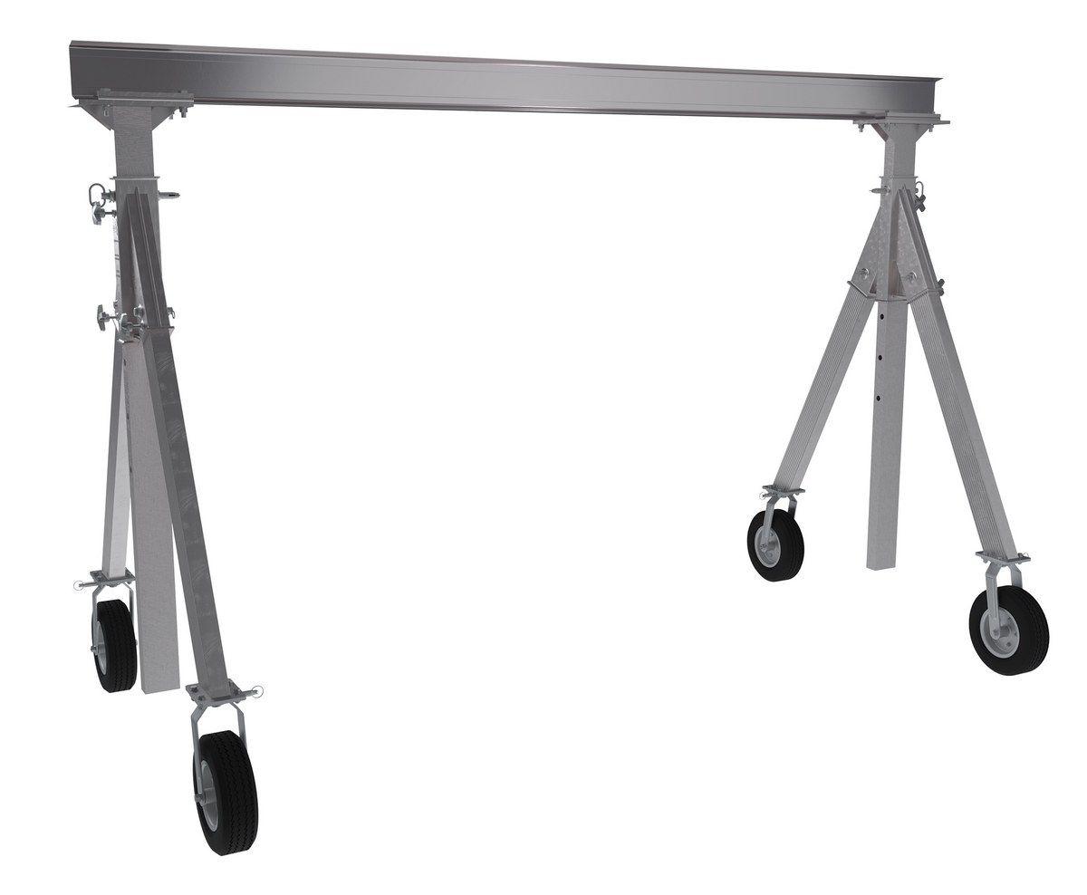 Vestil Aluminum Adjustable Height Gantry Crane with Pneumatic Casters - 12 Ft. Wide x 8 Ft. Max Usable Height 1,500 lb - Silver