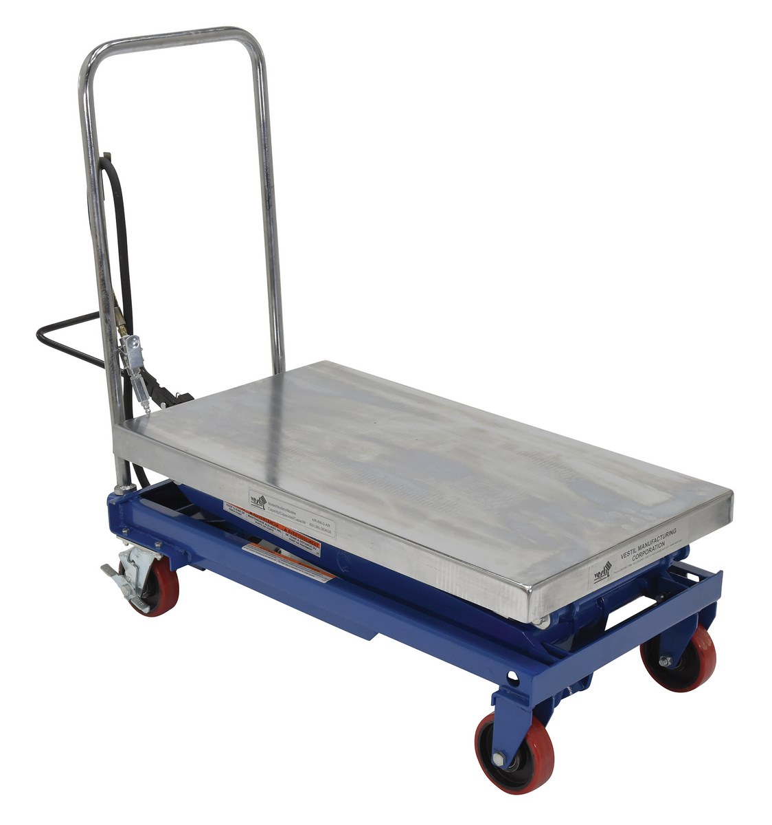 Vestil Carbon Steel Air/Hydraulic Scissor Lift Cart - 35-1/2 In. x 20 In. Platform With Poly-On-Poly Casters 800 lb - Blue/Silver