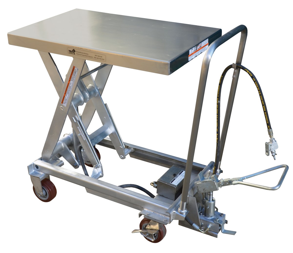 Vestil Partially Stainless Steel Air/Hydraulic Scissor Lift Cart - 20 In. x 32-1/2 In. Platform With Poly-On-Poly Casters 1,000 lb - Silver