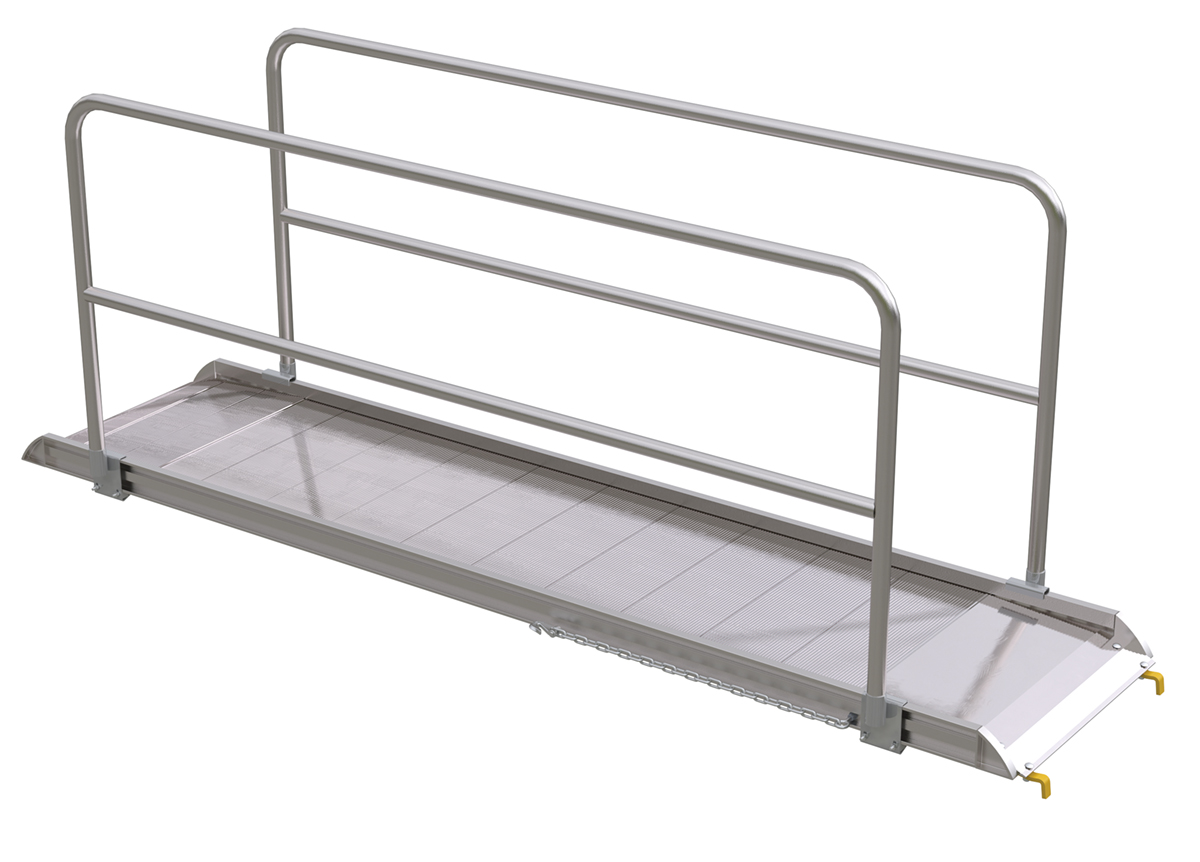 Vestil Aluminum Wheel Walk Ramp Steel Hook Style with Handrails - 123-1/16 In. x 28 In. 2200 lb - Silver