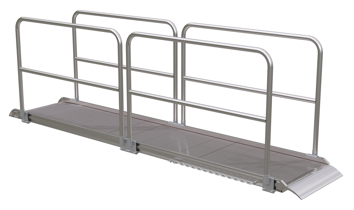 Vestil Aluminum Wheel Walk Ramp Overlapping Style with Handrails - 144 In. x 28 In. 1900 lb - Silver