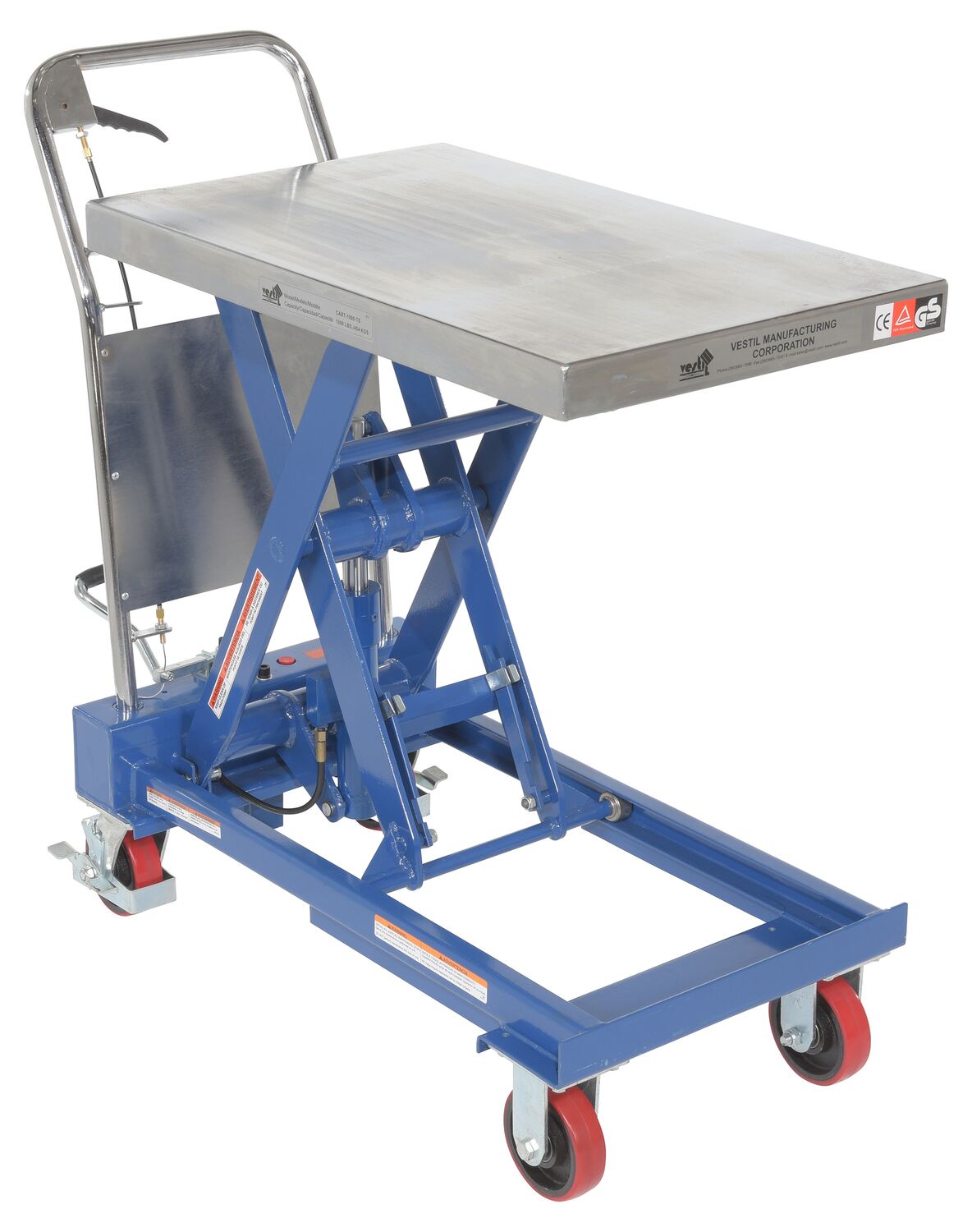 Vestil Steel Hydraulic Elevating Single Scissor Cart - 32 In. x 19-3/4 In. 1000 lb - Silver/Blue