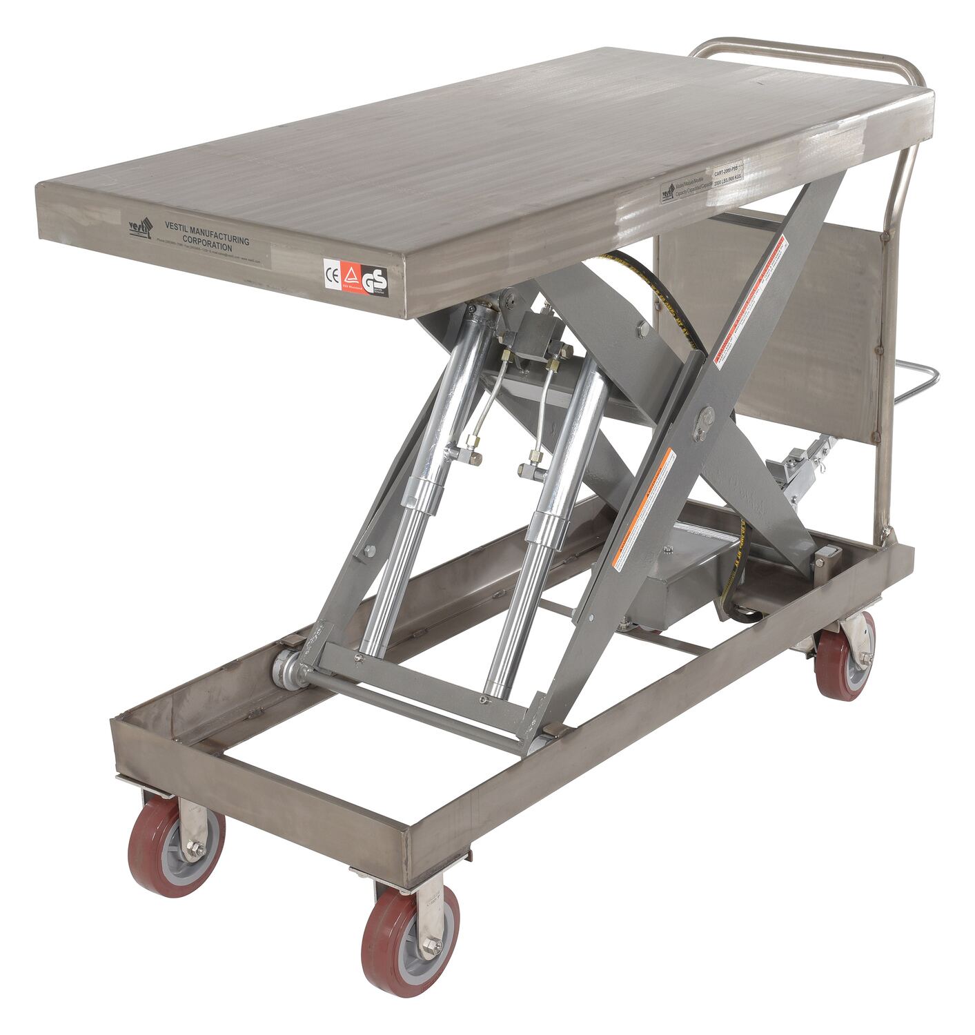 Vestil Partially Stainless Steel Hydraulic Elevating Cart with Foot Pump - 24 In. x 47 In. 2000 lb - Silver