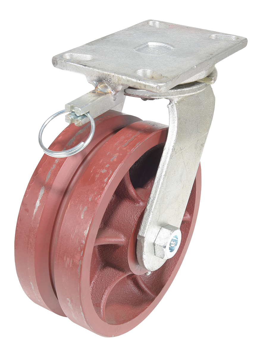 Vestil Ductile Steel V-Groove Swivel With - 4-Position Lock Caster 8 In. Diameter x 3 In. Width - Red