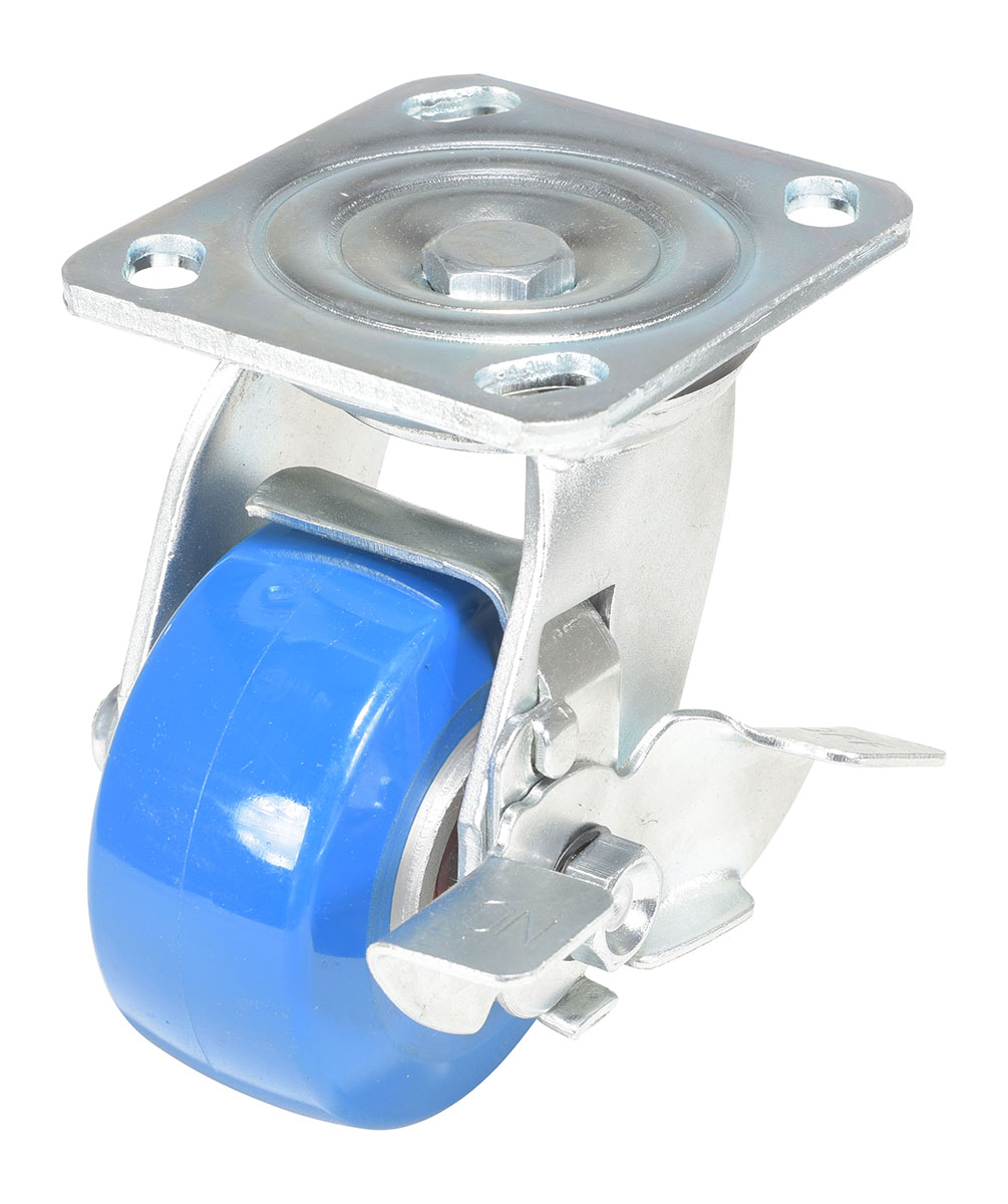 Vestil Polyurethane Precision Ball Bearing Swivel With Brake Caster - 4 In. Diameter x 2 In. Width 551 lb - Blue/Gray