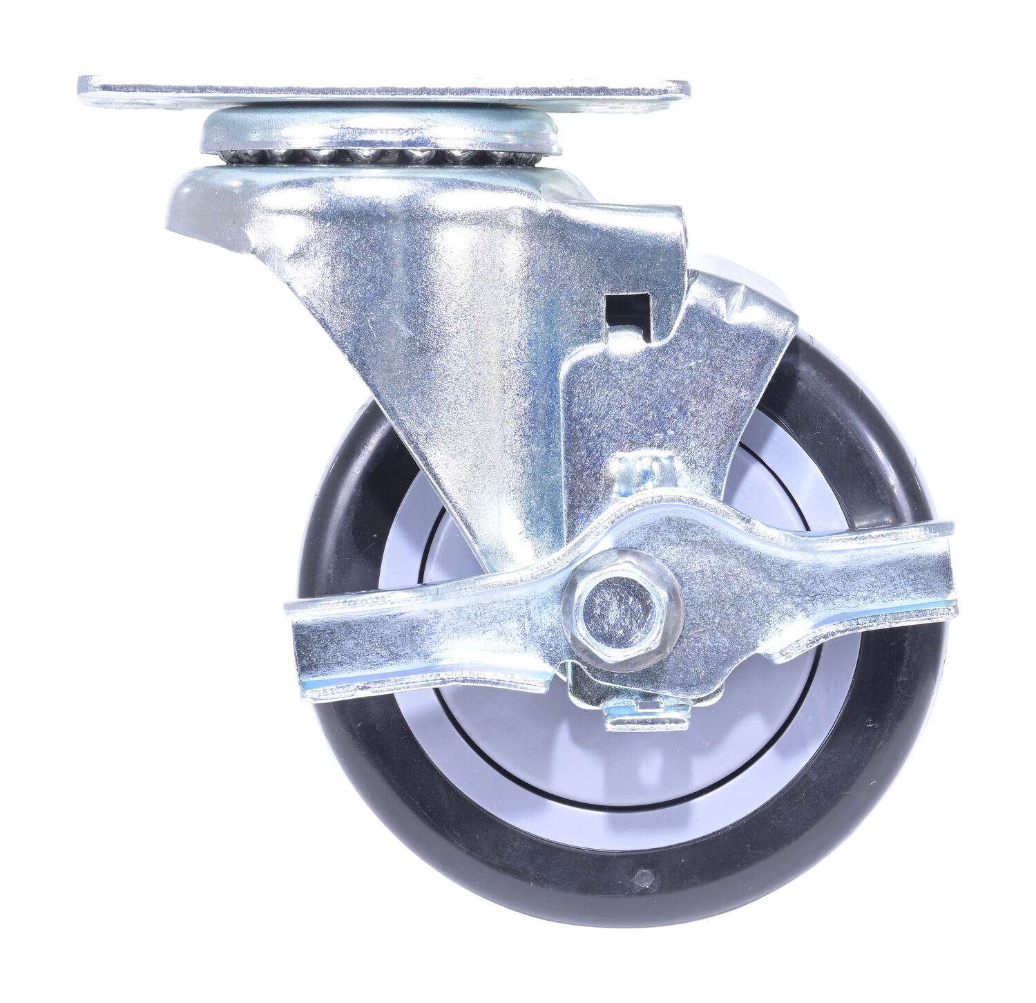 Vestil Polyurethane/Polyolefin Swivel Caster Top-Lock Brake - 4 In. Diameter x 1-1/4 In. Width 3/8 In. Single Ball Bearing 2-3/8 In. x 3-5/8 In. Top Plate, 350 lb - Black/Gray