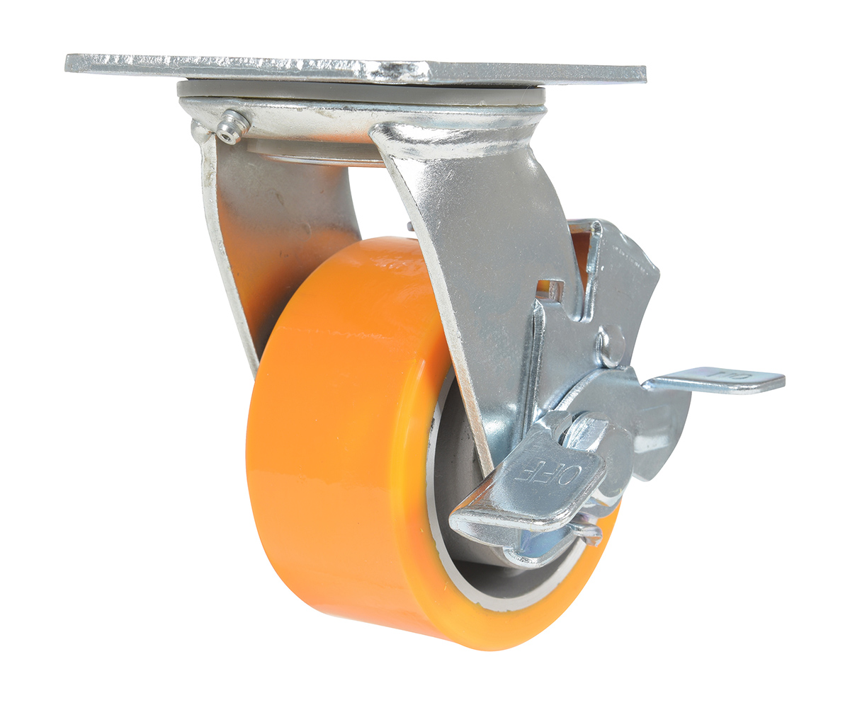 Vestil Polyurethane Swivel With Brake Caster - 4 In. Diameter x 2 In. Width 660 lb - Orange/Gray