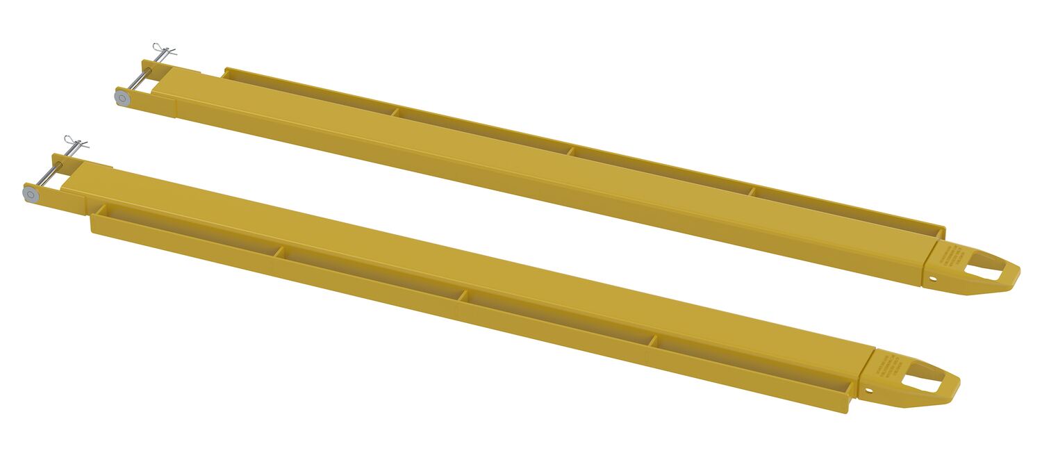 Vestil Steel Pin Style Fork Extensions with Load Rails - 4 In. X 84 In. 4,000 lb - Yellow