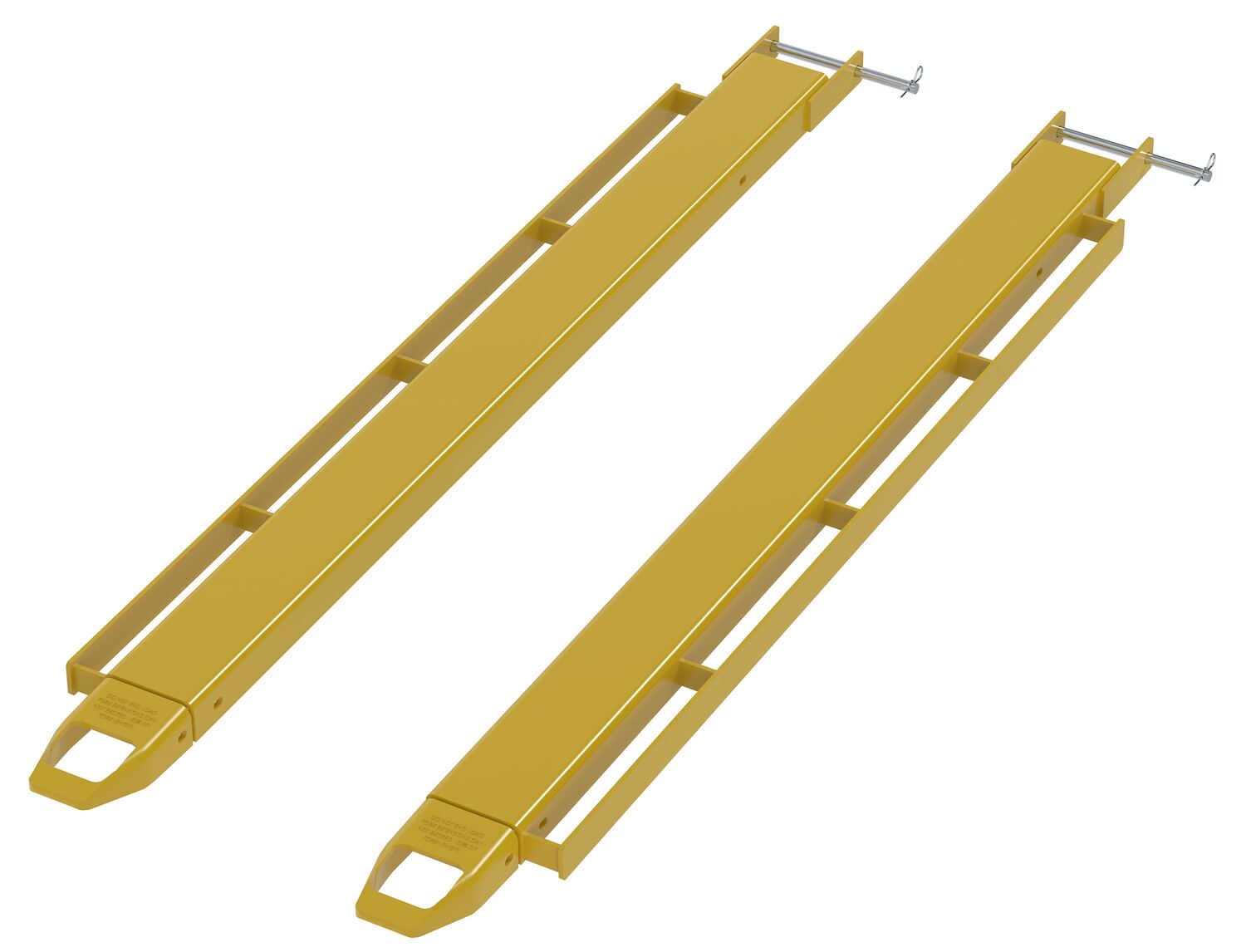 Vestil Steel Pin Style Fork Extensions with Load Rails - 4 In. X 72 In. 4,000 lb - Yellow