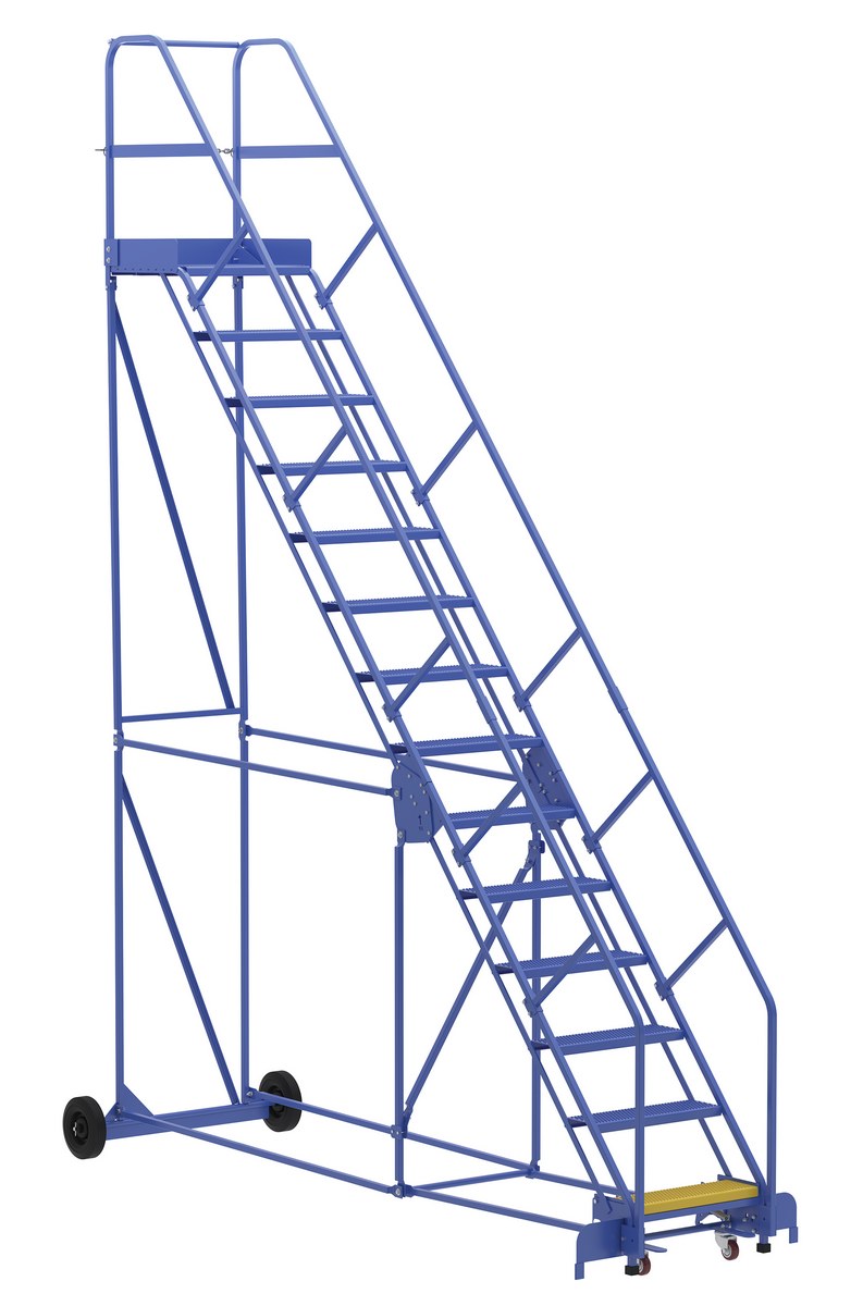 Vestil Steel Rolling Warehouse Ladder - 50 Degree 14 Perforated 23-9/16 In. Step Width 350 lb - Blue