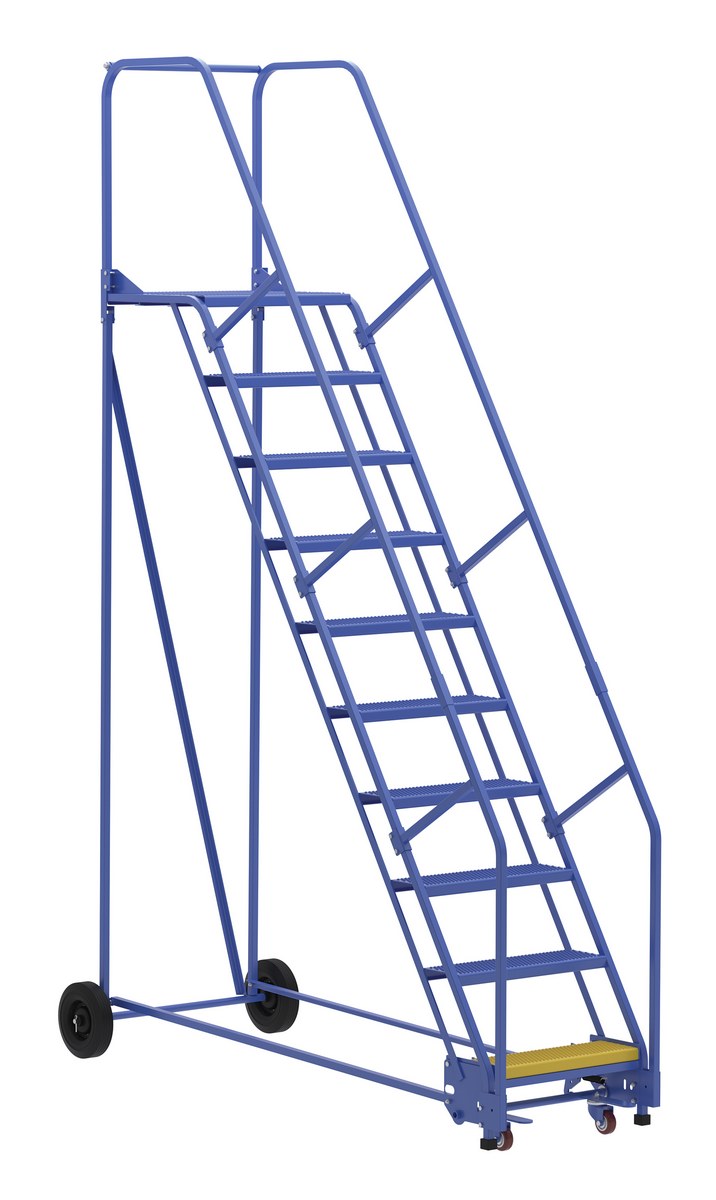 Vestil Steel Rolling Warehouse Ladder - 58 Degree 10 Perforated 23-9/16 In. Step Width 350 lb - Blue
