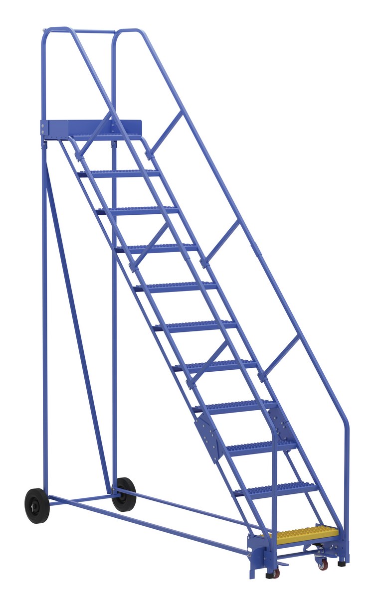 Vestil Steel Rolling Warehouse Ladder - 50 Degree 11 Grip Strut 23-9/16 In. Step Width 350 lb - Blue
