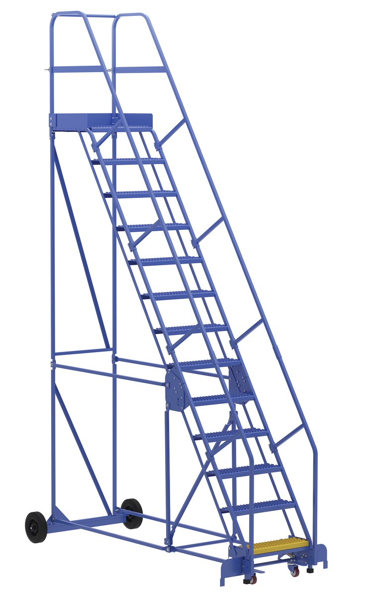 Vestil Steel Rolling Warehouse Ladder - 58 Degree 13 Grip Strut 23-9/16 In. Step Width 350 lb - Blue