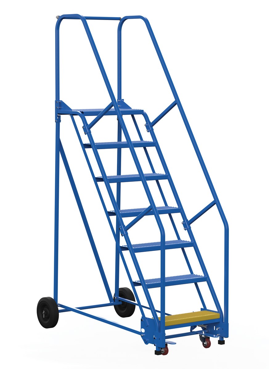 Vestil Steel Rolling Warehouse Ladder - 58 Degree 7 Perforated 23-9/16 In. Step Width 350 lb - Blue