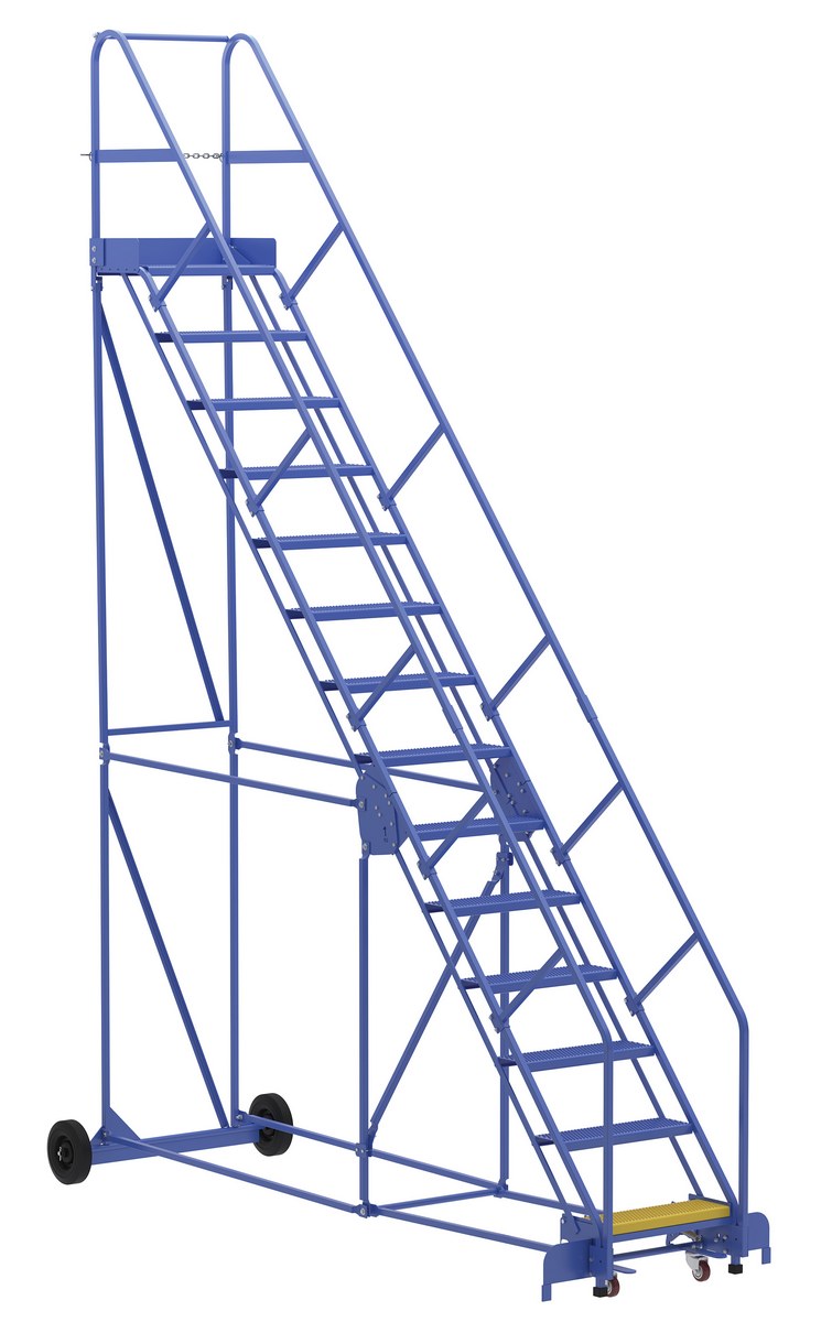 Vestil Steel Rolling Warehouse Ladder - 50 Degree 14 Perforated 23-9/16 In. Step Width 350 lb - Blue