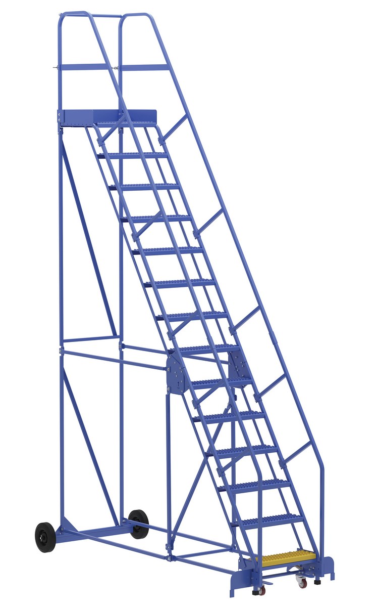 Vestil Steel Rolling Warehouse Ladder - 58 Degree 14 Grip Strut 23-9/16 In. Step Width 350 lb - Blue