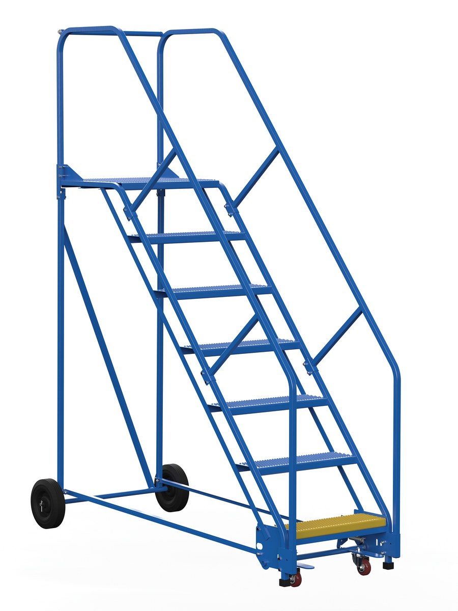 Vestil Steel Rolling Warehouse Ladder - 50 Degree 7 Perforated 23-9/16 In. Step Width 350 lb - Blue