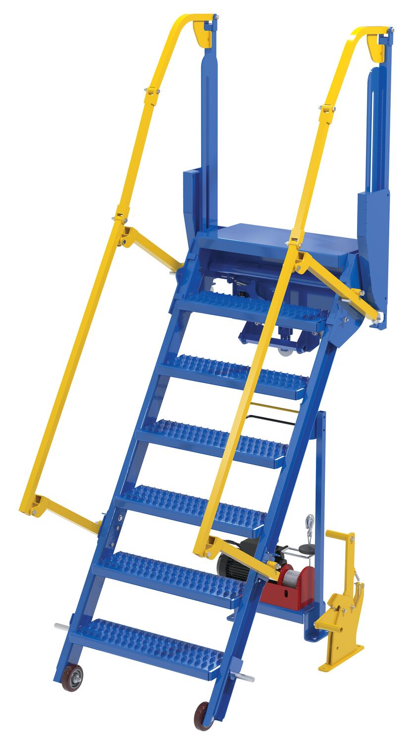 Vestil Steel Folding Mezzanine Ladder with - 115V Power Storage 60 In. Mezzanine Height 23-5/8 In. Step Width 350 lb - Blue and Yellow