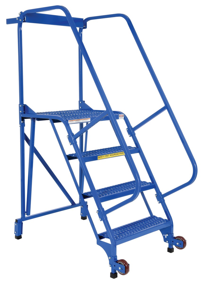 Vestil Steel Tip-N-Roll Ladder - 58 Degree 4 Straddle Grip Strut 24 In. Step Width 350 lb - Blue