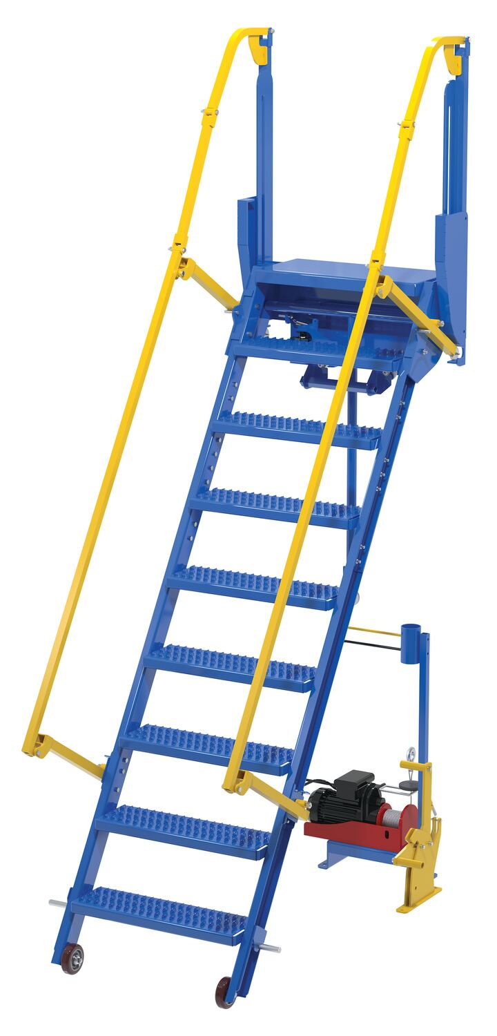 Vestil Steel Folding Mezzanine Ladder with - 115V Power Storage 84 In. Mezzanine Height 23-5/8 In. Step Width 350 lb - Blue and Yellow