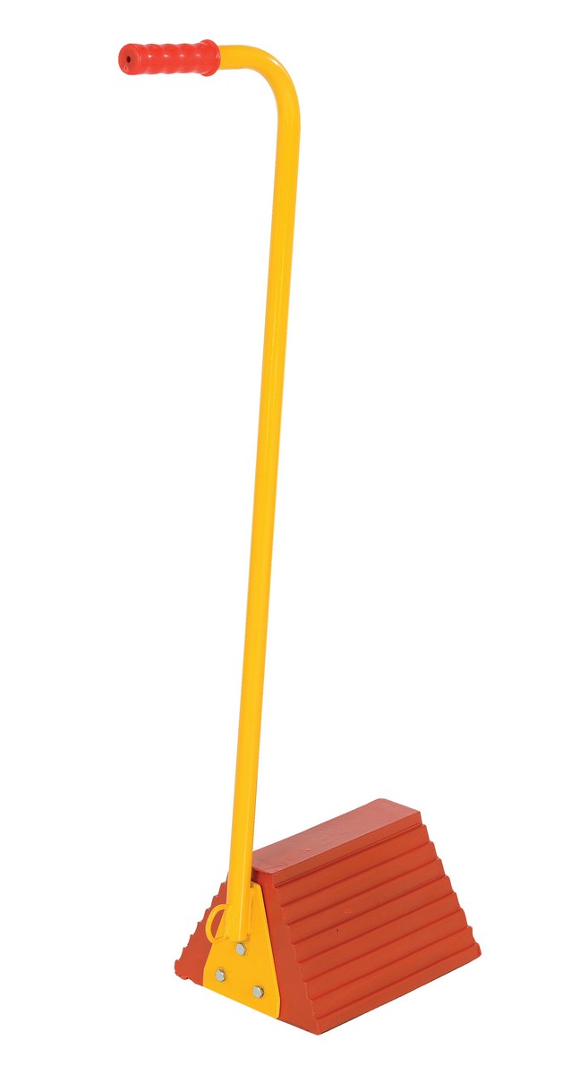 Vestil Molded Rubber Ergonomic Wheel Chock with Handle - 8 In. x 18 In. x 36-9/16 In. - Orange and Yellow