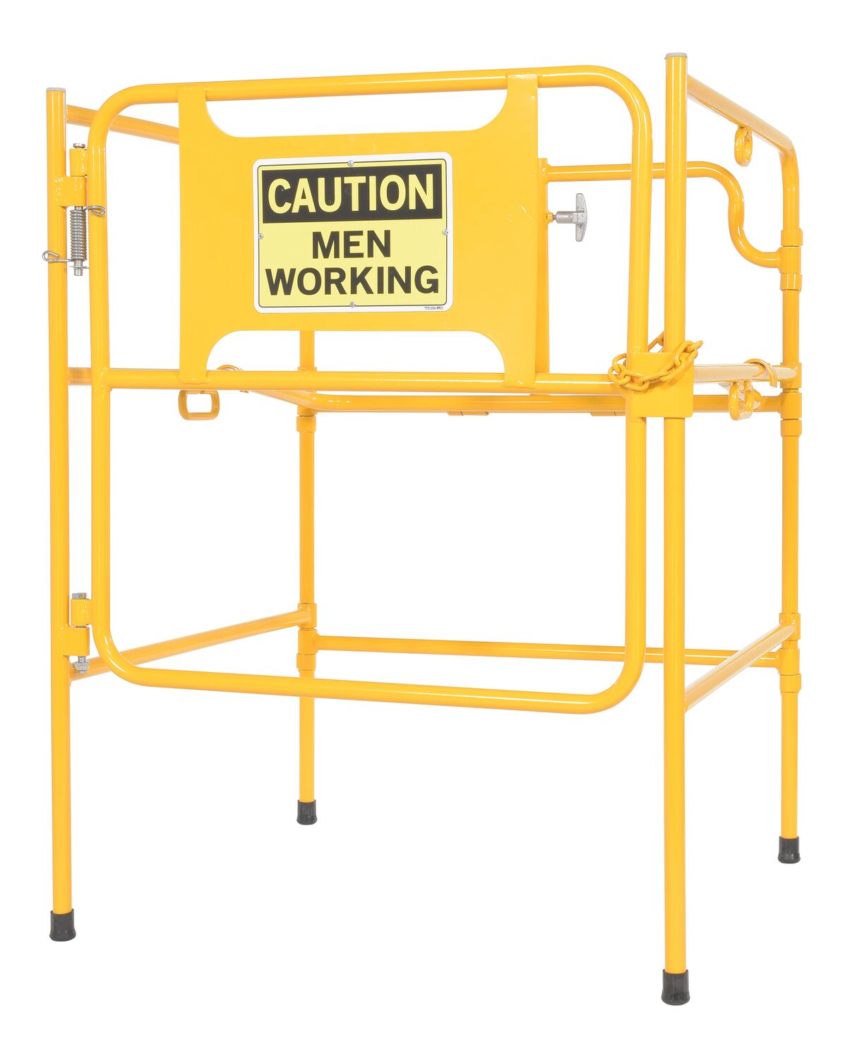 Vestil Steel Manhole Guard Rail with Aluminum Sign - 31 In. x 30 In. Caution Men Working Sign Message - Yellow