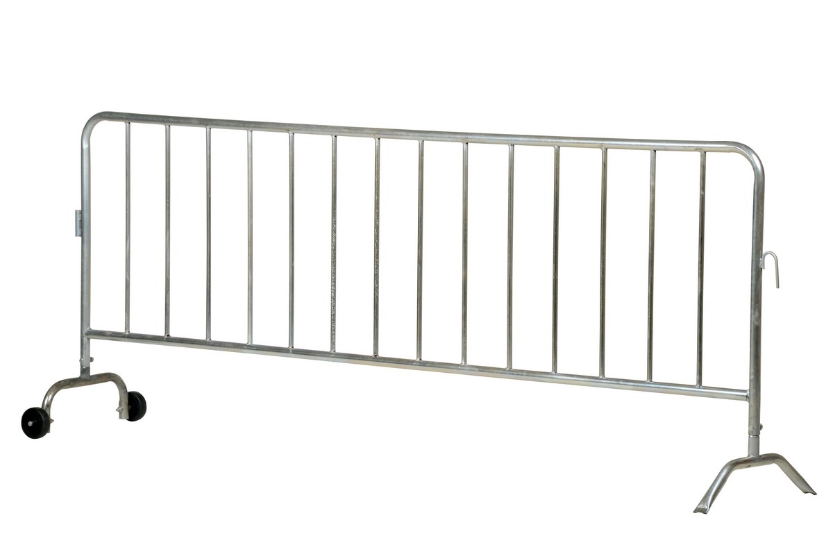 Vestil Steel Heavy Duty Crowd Control Interlocking Barrier with Feet 1 Wheeled - 1 Curved 101-3/4 In. Length - Silver