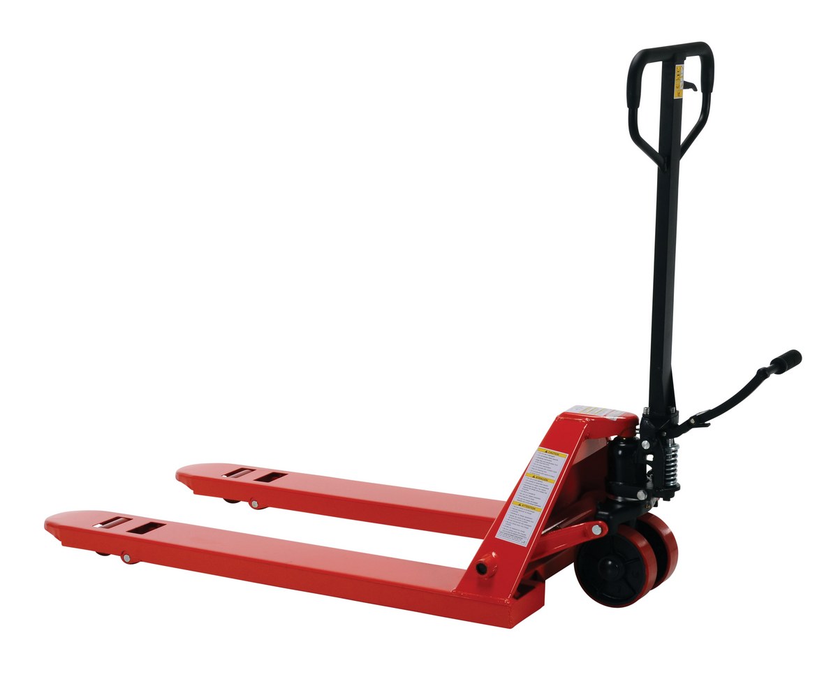 Vestil Wheel Nose Pallet Truck with Foot Pedal - 27 In. x 48 In. 5500 lb - Red