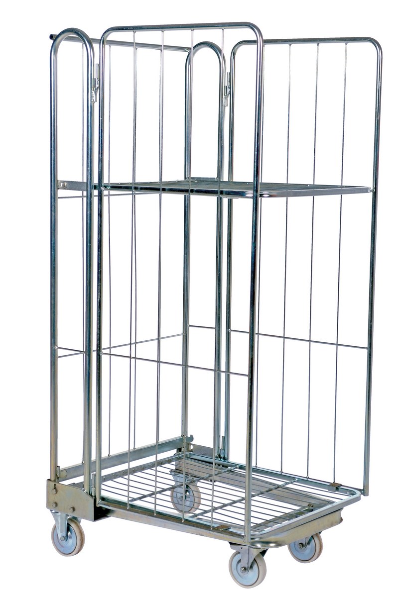 Vestil Galvanized Steel Foldable/Nestable Roller Container - 2 Shelf 32 In. x 27-1/4 In. x 68-1/4 In. 660 lb - Gray