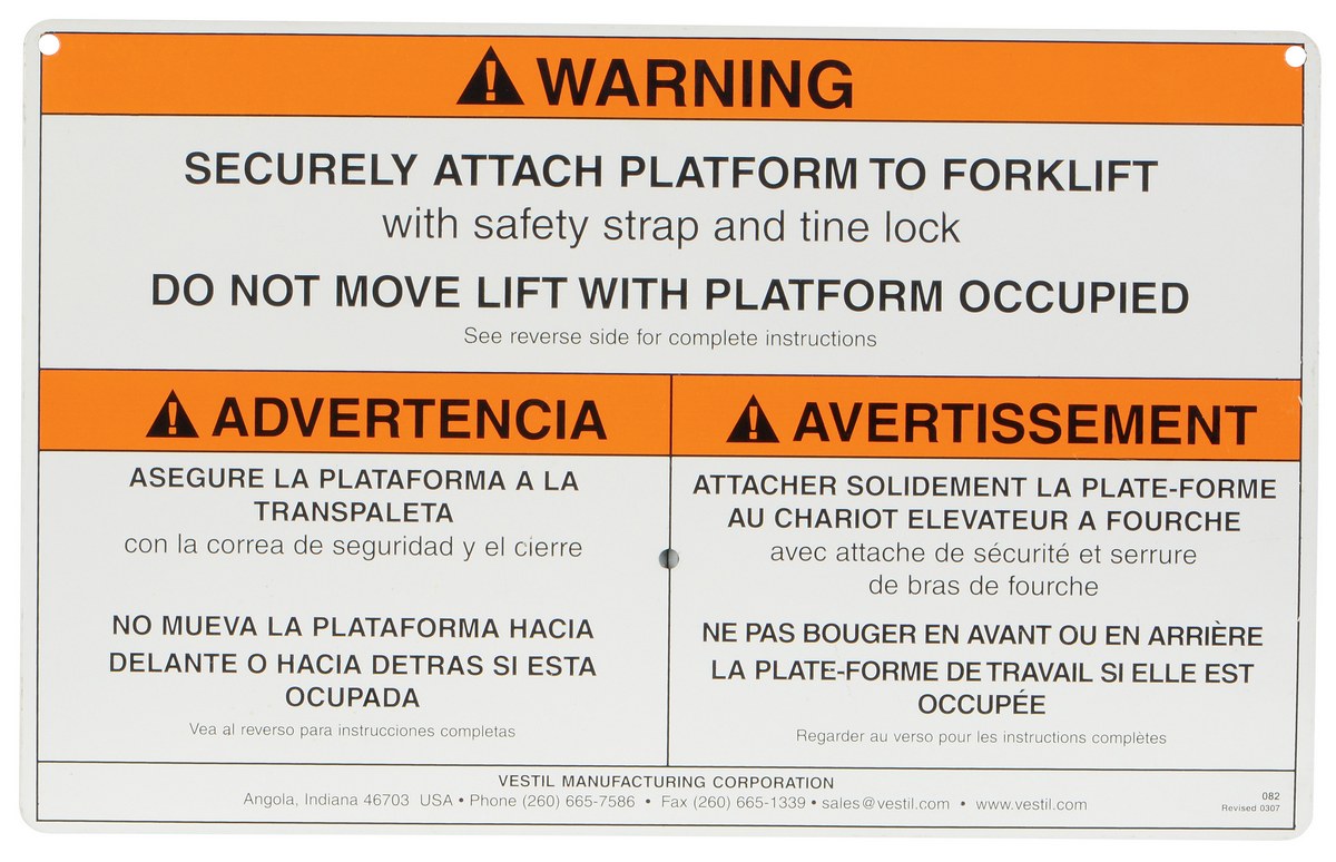 Vestil Aluminum Warning Sign With Hardware For Work Platforms - White